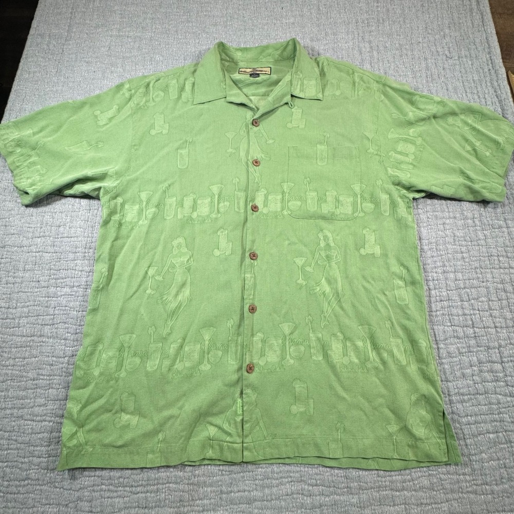 Tommy‎ Bahama Hawaiian Silk Shirt Mens Medium Button Up Hulu Girl Martini Green
